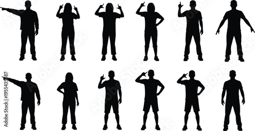 People silhouette set showing men and women standing with different hand gestures isolated vector collection of human pose silhouettes