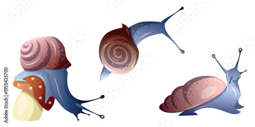 Snails crawl around on a white background during a sunny day in a garden