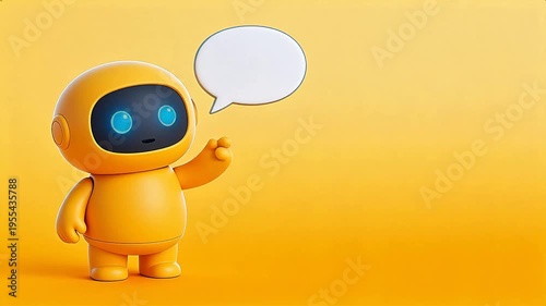 Friendly yellow AI robot with glowing blue eyes pointing to empty speech bubble, isolated on warm yellow background — concept for chatbot, customer support, or AI communication.