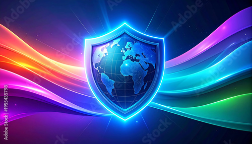 Internet security concept. Shield and globe on fire background. 3D rendering