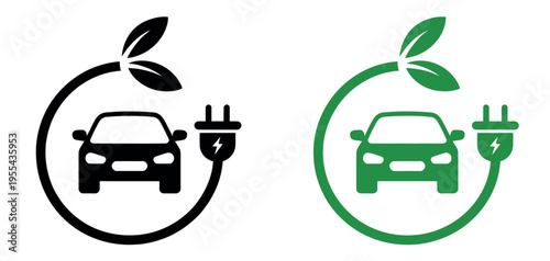 EV charging icon with electric car and plug symbol representing eco friendly transport, clean energy vehicle charging station concept, vector illustration isolated