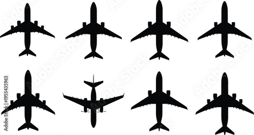 Airplane silhouette set, commercial aircraft top view collection, passenger jet vector icons, aviation transport symbols isolated, airplane fleet illustration