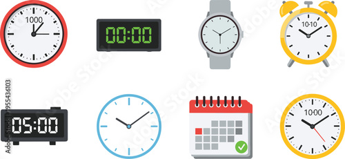 Clock and time icon set including wall clock, digital clock, wrist watch, alarm clock and calendar vector illustration