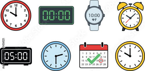 Clock and time management icon set with wall clock, digital clock, wrist watch, alarm clock and calendar reminder