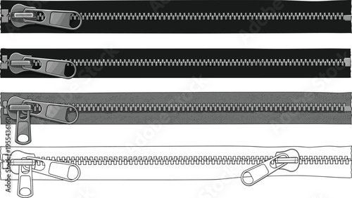 Clothing zipper set open and closed positions, metal zip fastener for jacket or bag sewing vector illustration