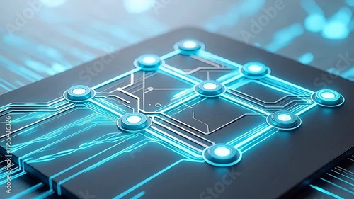 Futuristic AI chip with glowing blue circuit pathways and illuminated nodes, representing advanced computing, neural networks, and quantum processing technology.