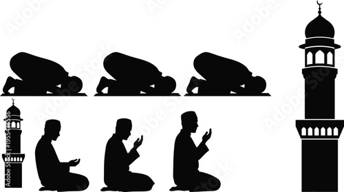 Muslim praying silhouettes with mosque minaret, Islamic prayer poses sujood and dua, Ramadan worship religion vector illustration set