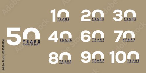 A comprehensive collection of anniversary logos displaying ten to one hundred years on a beige background