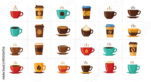 Aesthetic Vector Illustrations of Various Coffee Cups, Mugs, and To-Go Containers