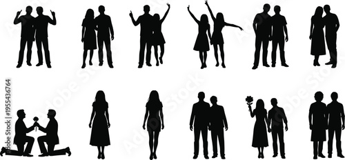 Silhouette collection of diverse romantic couples and individuals celebrating love, proposing with flowers, and posing together for happy relationship concepts