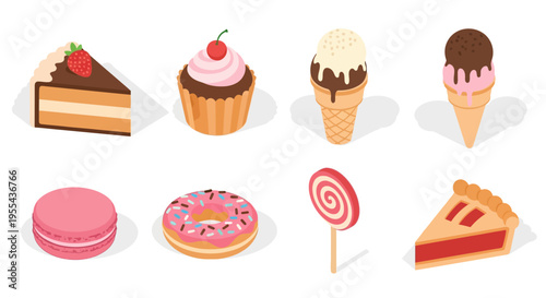 Assortment of Sweet Treats: Cake, Cupcake, Ice Cream, Donut, and Macaron in Vector