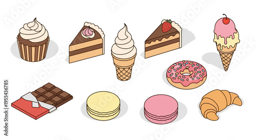 Assortment of Sweet Treats: Desserts, Pastries, and Confections on a White Background