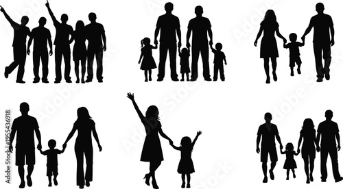 Silhouette collection of happy families with children walking together, parents holding hands with kids, and group of people celebrating for life concepts