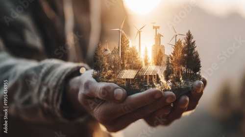 Digital artwork showcasing sustainable energy solutions and green technology in urban settings