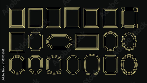 Luxury gold picture frame collection with elegant vintage border designs for art gallery display and ornate geometric vector graphic element set.