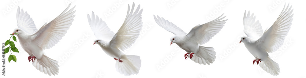 Fototapeta premium Multiple graceful white doves in elegant flight, one carrying an olive branch, symbolizing peace and freedom.