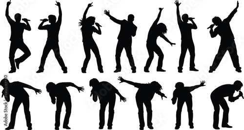 Singer silhouette set with male and female performers holding microphone singing dancing on stage isolated music performance vector collection