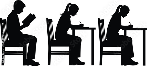 Student silhouettes reading book and writing exam at desk education study learning people black silhouette collection isolated background