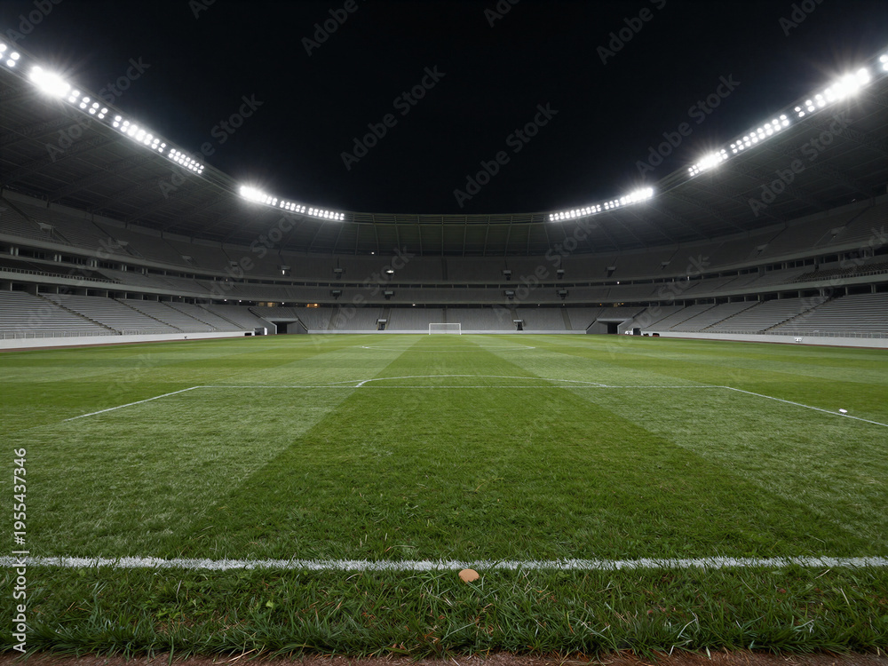 Fototapeta premium Night soccer stadium background with illuminated football field and green grass