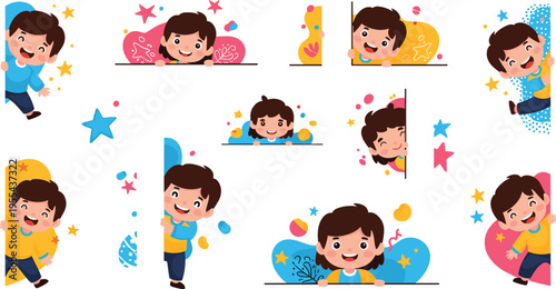 Cute kids emotions and activities set with playful children cartoon vector illustration