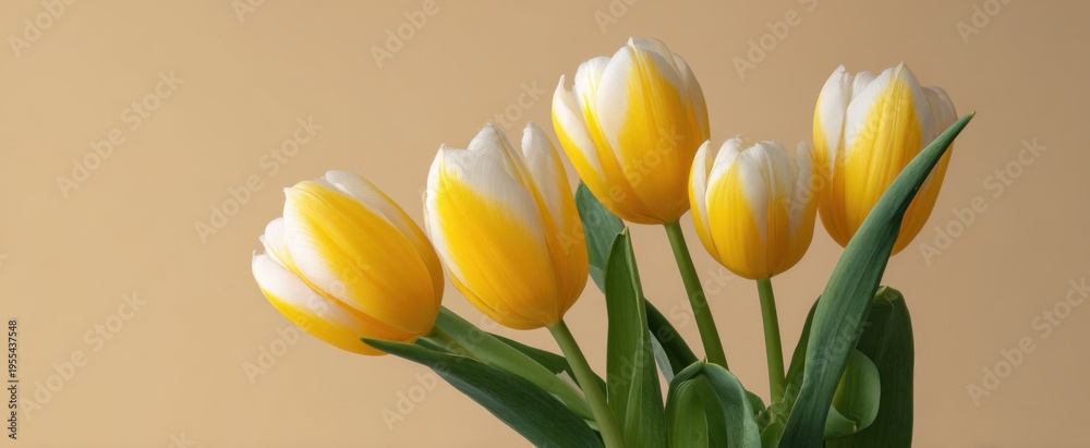 Fototapeta premium Miniature tulips in yellow and white against a beige backdrop showcasing natural elegance and floristry.
