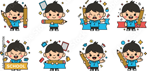 Cute school boy character set with stationery and education elements cartoon vector illustration