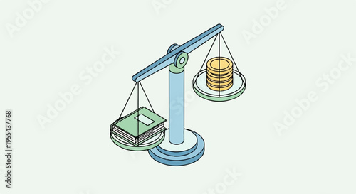 Weighing scales with money and house on either side symbolizing financial decisions and property value assessment