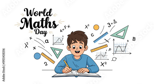 A cheerful young boy engaged in math problem solving with various geometric shapes and equations floating around him on World Maths Day, in a colorful illustration with a joyful and
