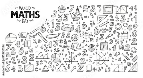 Illustration of a World Maths Day design featuring various mathematical symbols and equations on a white background with a focus on math education concept.