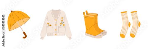 Cozy autumn fashion set with knitted cardigan, yellow umbrella, rain boots and socks.Cozy autumn stickers