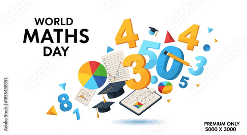 Illustration of World Maths Day with mathematical equations, symbols, and educational elements on a white background, conveying a math education concept.