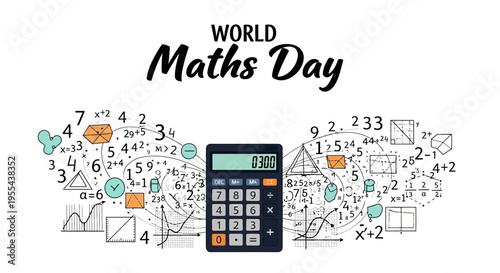 Illustration of a calculator surrounded by mathematical equations and symbols on World Maths Day with a focus on math education and problem solving.