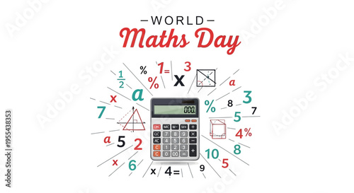 Vector illustration celebrating World Maths Day with a calculator surrounded by mathematical symbols and equations on a white background.