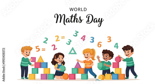 Illustration of diverse children playing with colorful blocks and learning math on World Maths Day with a vibrant and educational background.