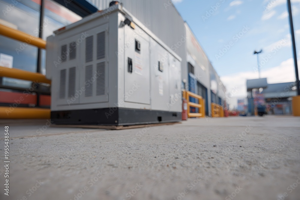 Obraz premium Low angle view of an industrial backup power generator outside a commercial building. Emergency electrical energy supply for a factory or warehouse