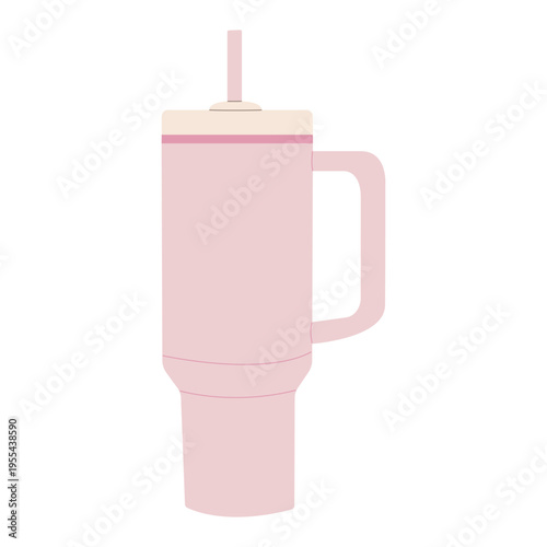 Pink reusable insulated thermos cup with handle and straw for hydration, illustration of large travel thermos cup