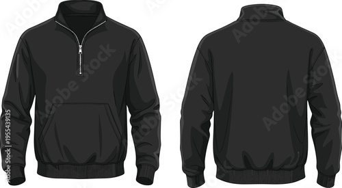 Black quarter zip sweatshirt front and back view apparel mockup casual clothing vector illustration realistic design template isolated