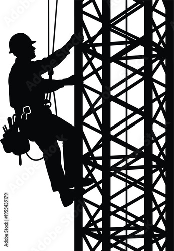 Construction worker climbing tower silhouette, industrial maintenance and repair concept, safety harness equipment, height work activity, professional labor isolated background