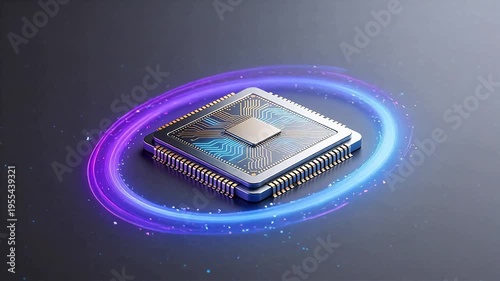 Futuristic AI processor chip with glowing energy rings, symbolizing advanced computing power, quantum processing, and next-gen semiconductor technology
