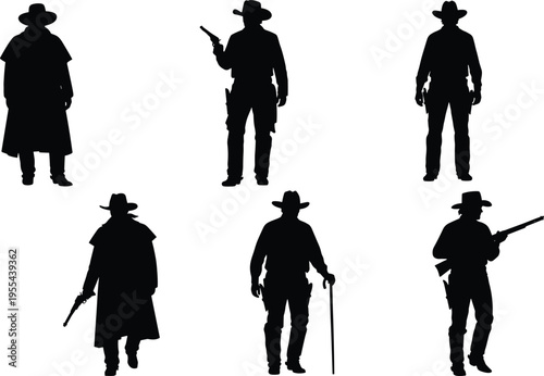 cowboy silhouettes set wild west gunslinger characters with hat revolver rifle standing poses isolated black vector illustration collection bundle