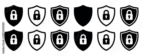 Lock and unlock vector icon set with tick and cross symbols, shield security elements, outline and solid styles, black and white design illustrating privacy protection
