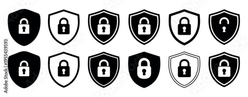 Lock and unlock icon set featuring tick and cross marks with shield security symbols, outline and solid styles, black and white vector design for privacy concept