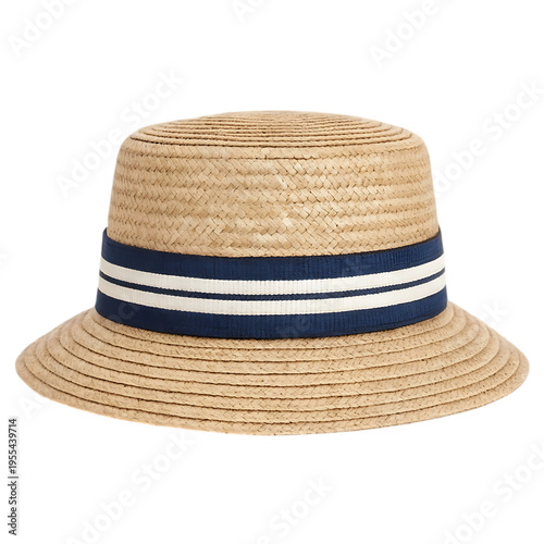 Classic Straw Boater Hat with Navy and White Striped Ribbon isolated on transparent background