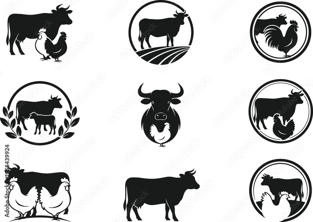Obraz premium Black and white vector farm animal illustrations featuring cows, chickens, roosters, and calves in decorative circular logo frames