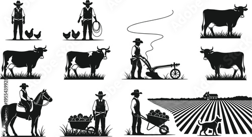 Black and white vector illustrations of farmers, livestock, and traditional agriculture scenes showcasing rural farm life silhouettes