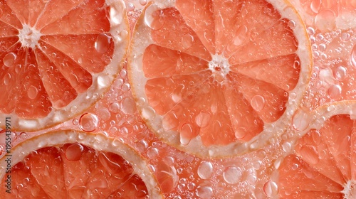 Fresh grapefruit slices in water. Vibrant citrus background with bubbles. Perfect for healthy drink and summer refreshment.