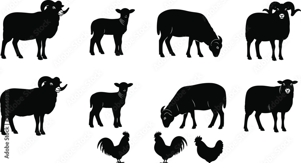 Obraz premium Black silhouette farm animals collection with sheep, rams, lambs, roosters, and hen illustrations for agriculture design