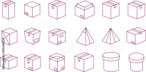 Collection of various geometric shapes resembling packaging and architectural forms