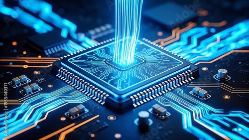 Futuristic glowing microprocessor on circuit board, high-tech AI chip with illuminated traces, advanced semiconductor technology concept for computing and electronics