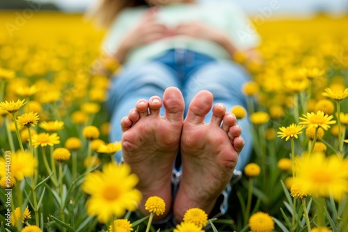Feet peeking out from yellow flower field: close-up shot of a person lying down